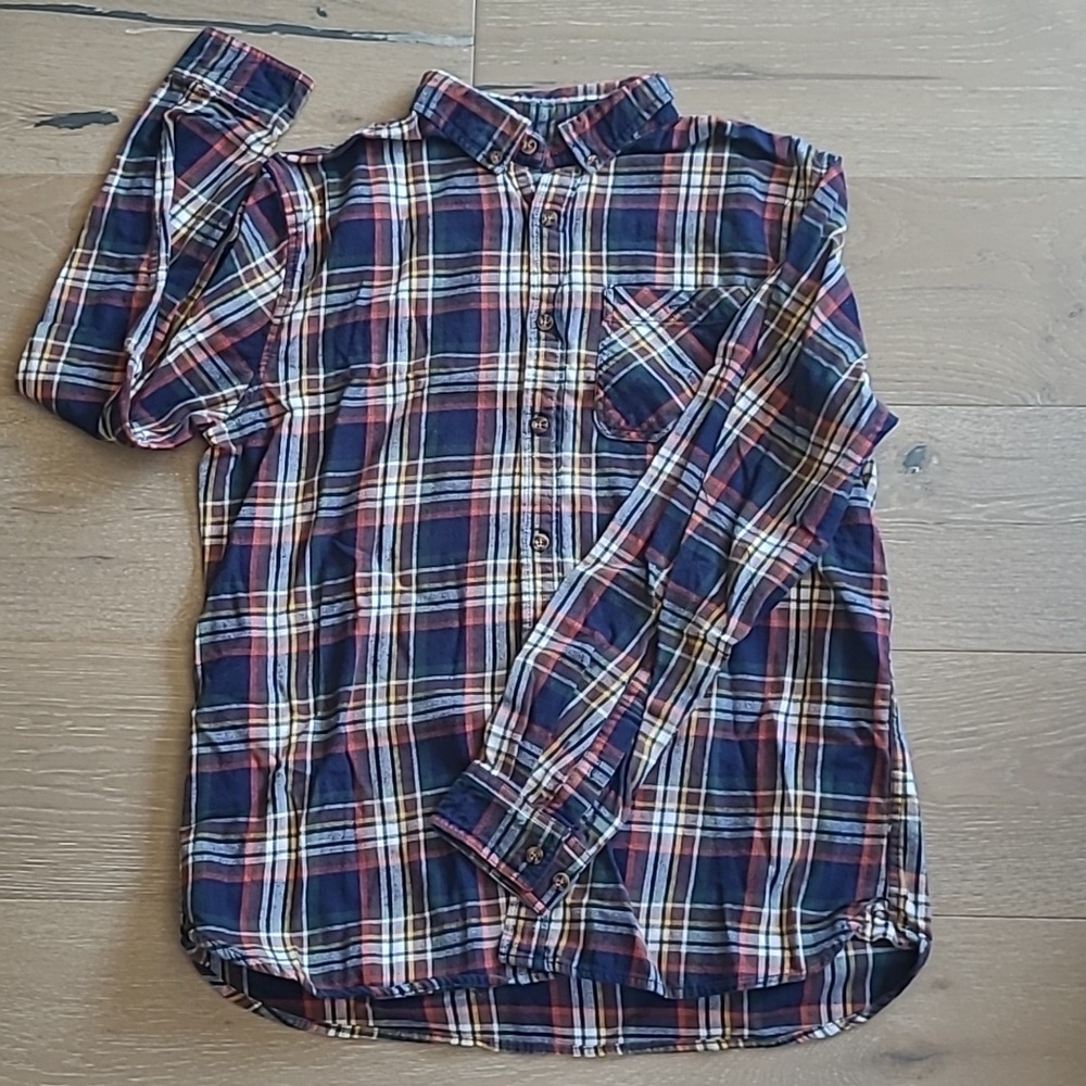 Boston Traders Flannel Shirt Women's Large Blue/Red/Yellow Plaid Button Down Top